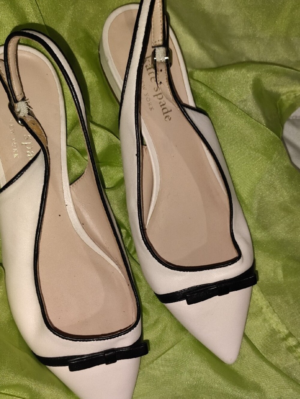 kate spade Two-Tone Ivory and Black Pointed Bow Slingback Flats